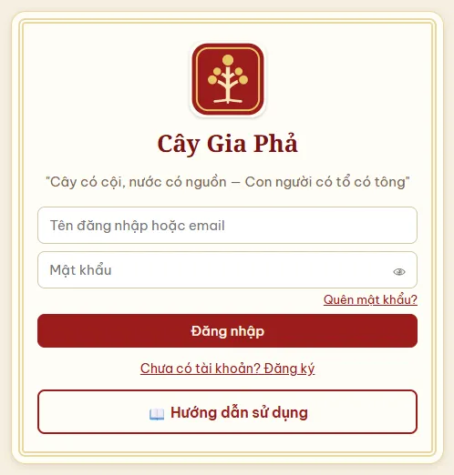Khung đăng nhập Cây Gia Phả với ô tên đăng nhập, mật khẩu, link đăng ký và nút Hướng dẫn sử dụng